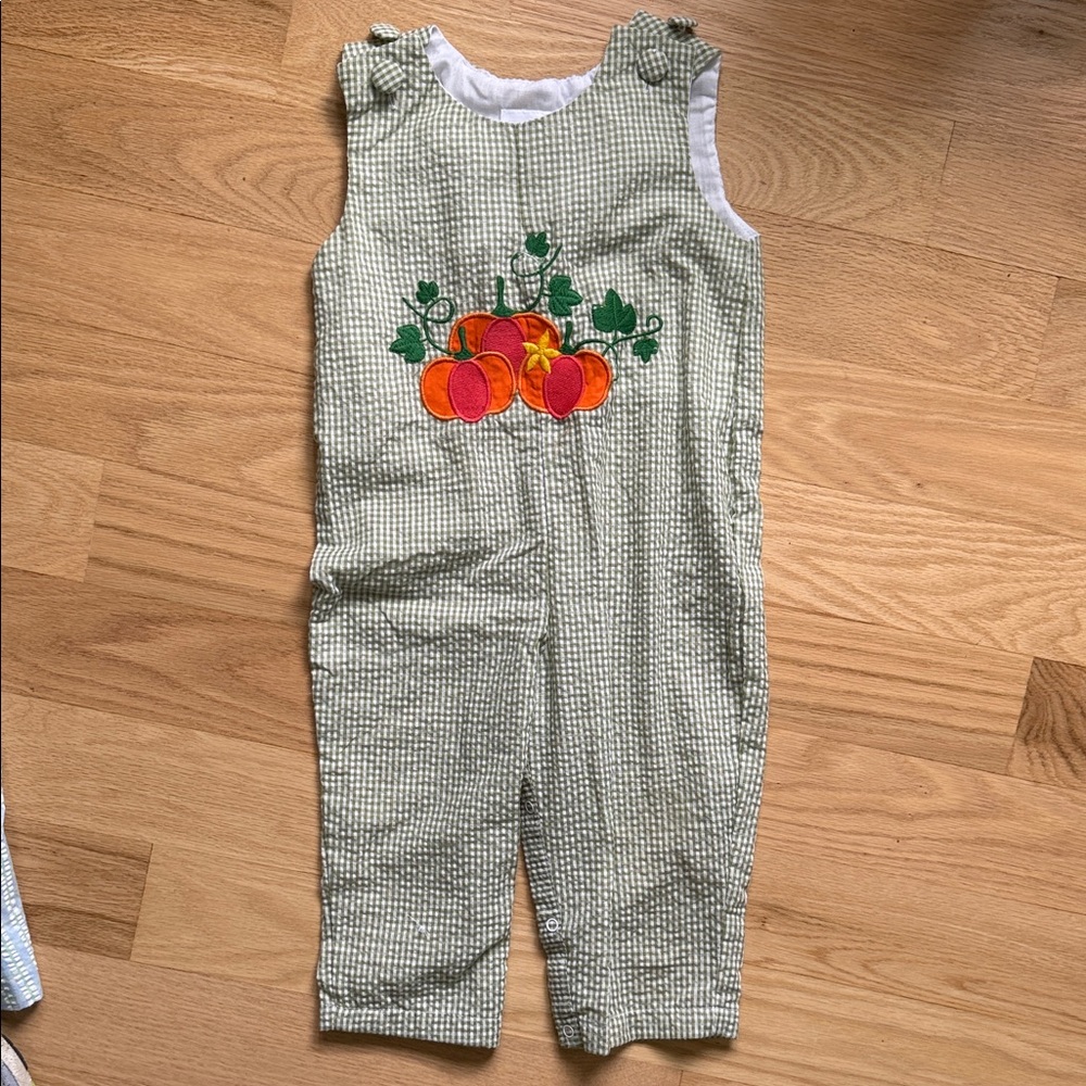 Kids Green Checkered Overalls with Pumpkin Embroidery